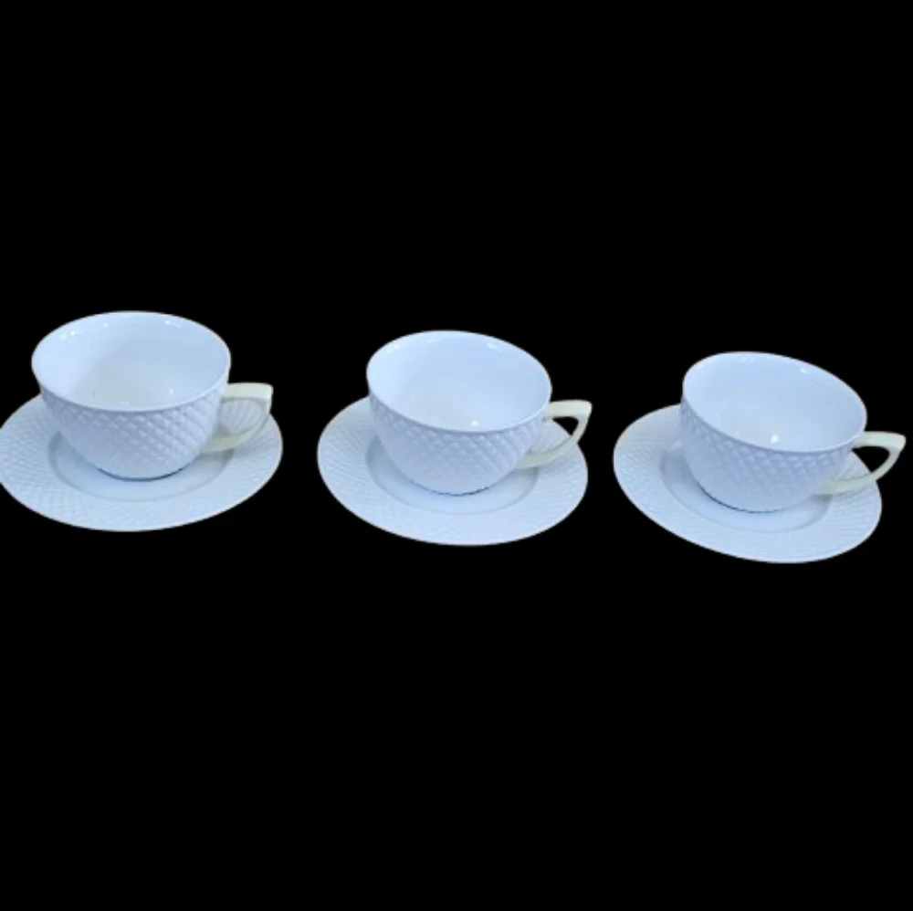 Solecasa Coffee/Tea & Saucer w/White Diamond Pattern & Yellow Handles Set of 3